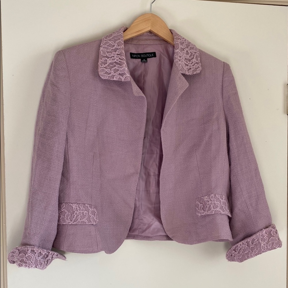 Nipon Boutique Purple Blazer with Lace Embellished Collar